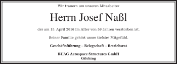 Traueranzeige von Josef Naßl von merkurtz