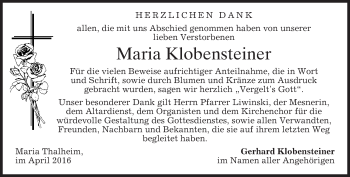 Traueranzeige von Maria Klobensteiner von merkurtz