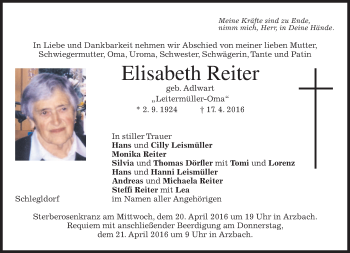 Traueranzeige von Elisabeth Reiter von merkurtz
