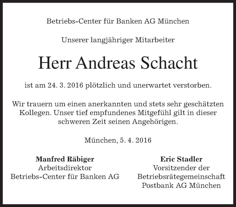  Traueranzeige für Andreas Schacht vom 05.04.2016 aus merkurtz
