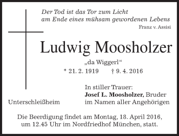 Traueranzeige von Ludwig Moosholzer von merkurtz