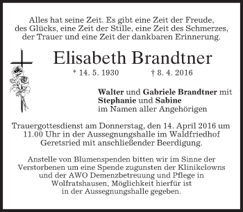 Traueranzeige von Elisabeth Brandtner von merkurtz