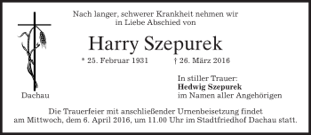 Traueranzeige von Harry Szepurek von merkurtz