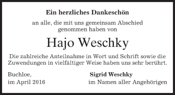 Traueranzeige von Hajo Weschky von merkurtz