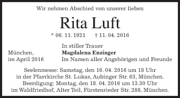 Traueranzeige von Rita Luft von merkurtz