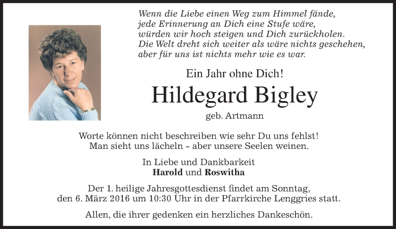 Traueranzeige für Hildegard Bigley vom 04.03.2016 aus merkurtz