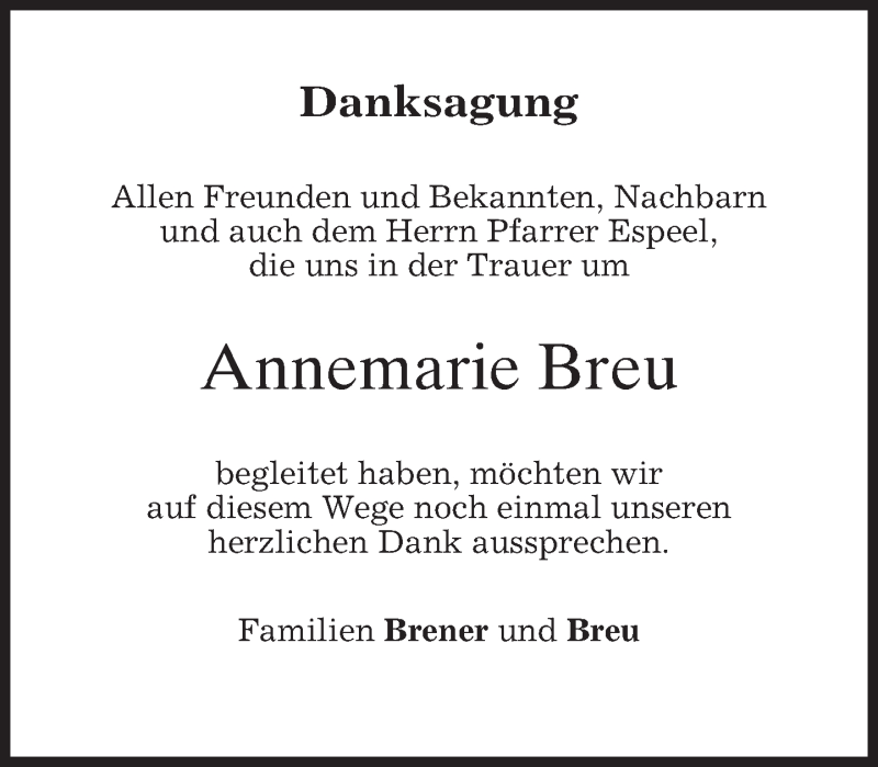  Traueranzeige für Annemarie Breu vom 09.04.2016 aus merkurtz