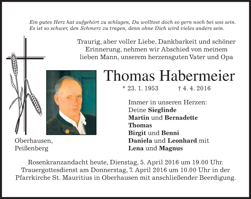  Traueranzeige für Thomas Habermeier vom 05.04.2016 aus merkurtz