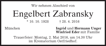 Traueranzeige von Engelbert Zabransky von merkurtz
