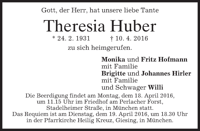  Traueranzeige für Theresia Huber vom 14.04.2016 aus merkurtz