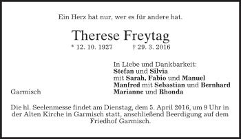 Traueranzeige von Therese Freytag von merkurtz