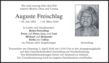 Traueranzeige von Auguste Freischlag von merkurtz
