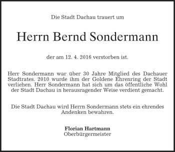 Traueranzeige von Bernd Sondermann von merkurtz