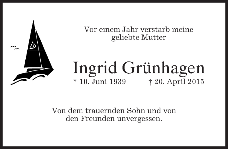 Traueranzeige für Ingrid Grünhagen vom 20.04.2016 aus merkurtz