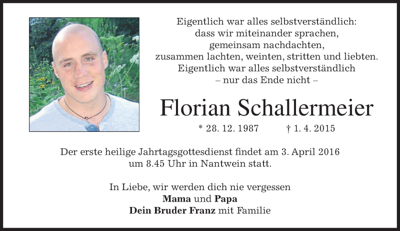  Traueranzeige für Florian Schallermeier vom 01.04.2016 aus merkurtz