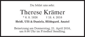 Traueranzeige von Therese Krämer von merkurtz