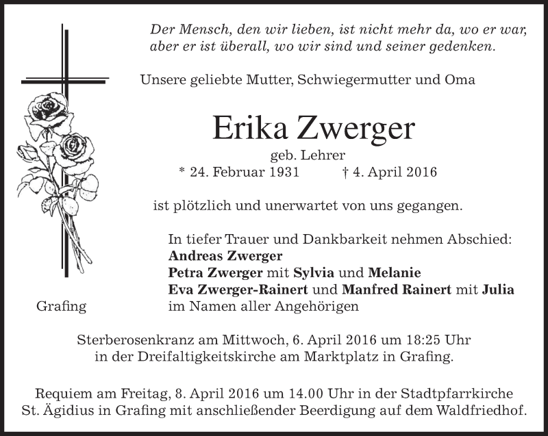  Traueranzeige für Erika Zwerger vom 06.04.2016 aus merkurtz