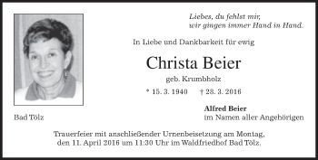 Traueranzeige von Christa Beier von merkurtz