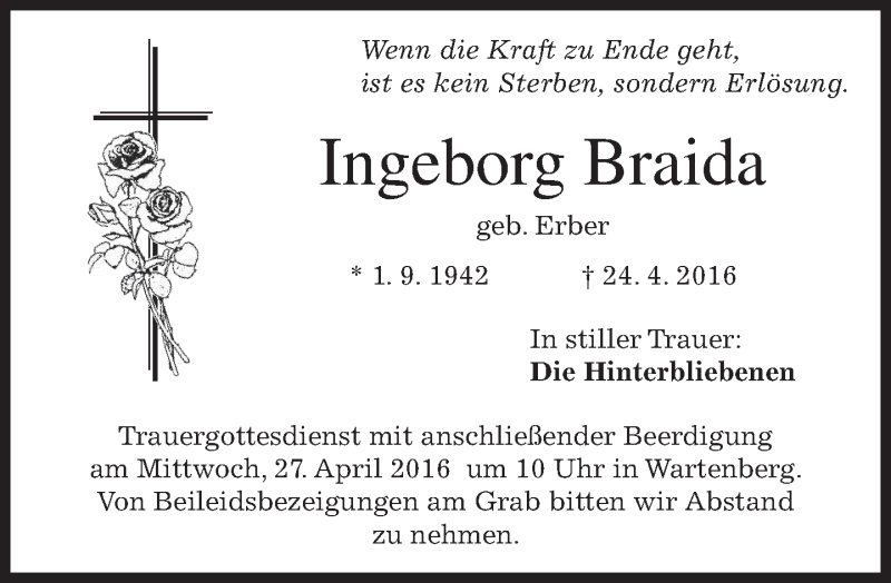  Traueranzeige für Ingeborg Braida vom 26.04.2016 aus merkurtz