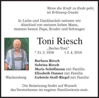Traueranzeige von Toni Riesch von merkurtz
