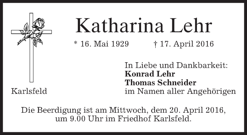  Traueranzeige für Katharina Lehr vom 19.04.2016 aus merkurtz