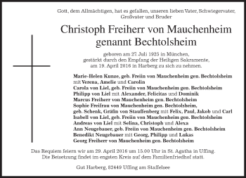 Traueranzeige von Christoph Freiherr von Mauchenheim von merkurtz
