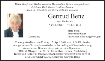 Traueranzeige von Gertrud Benz