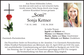 Traueranzeige von Sonja Kettner von merkurtz