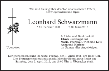Traueranzeige von Leonhard Schwarzmann von merkurtz