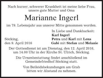 Traueranzeige von Marianne Ingerl von merkurtz