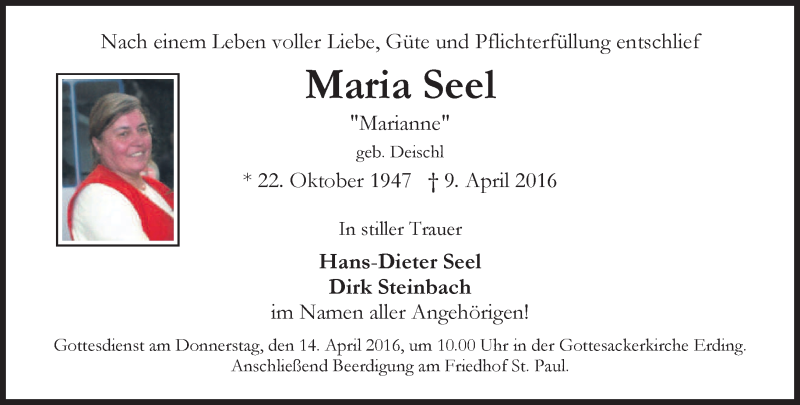  Traueranzeige für Maria Seel vom 13.04.2016 aus merkurtz