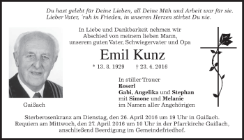 Traueranzeige von Emil Kunz von merkurtz