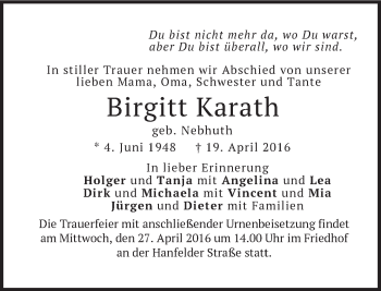 Traueranzeige von Birgitt Karath von merkurtz
