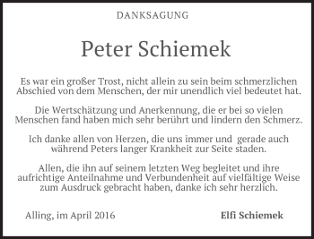 Traueranzeige von Peter Schiemek von merkurtz