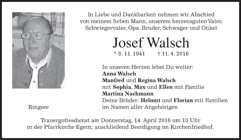  Traueranzeige für Josef Walsch vom 13.04.2016 aus merkurtz