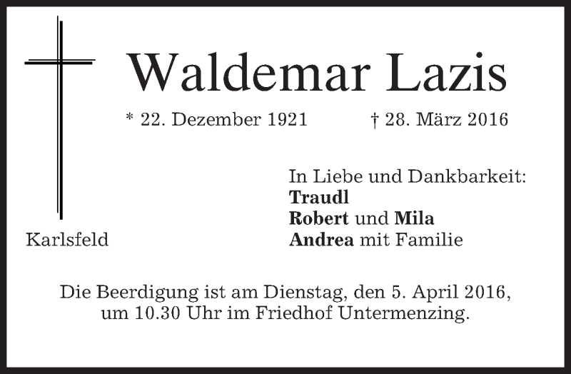 Traueranzeige für Waldemar Lazis vom 02.04.2016 aus merkurtz