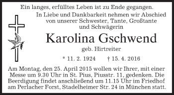 Traueranzeige von Karolina Gschwend von merkurtz