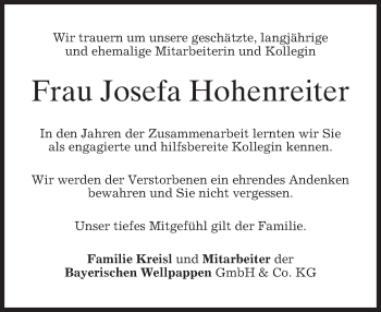 Traueranzeige von Josefa Hohenreiter von merkurtz