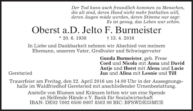  Traueranzeige für Jelto Burmeister vom 20.04.2016 aus merkurtz