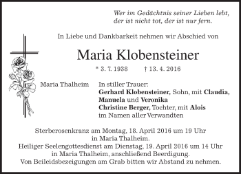 Traueranzeige von Maria Klobensteiner von merkurtz