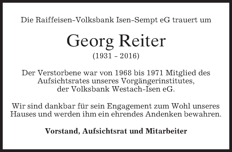  Traueranzeige für Georg Reiter vom 15.04.2016 aus merkurtz