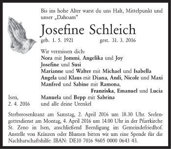Traueranzeige von JOsefine Schleich von merkurtz