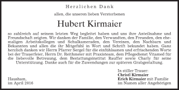 Traueranzeige von Hubert Kirmaier von merkurtz