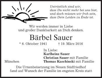 Traueranzeige von Bärbel Sauer von merkurtz