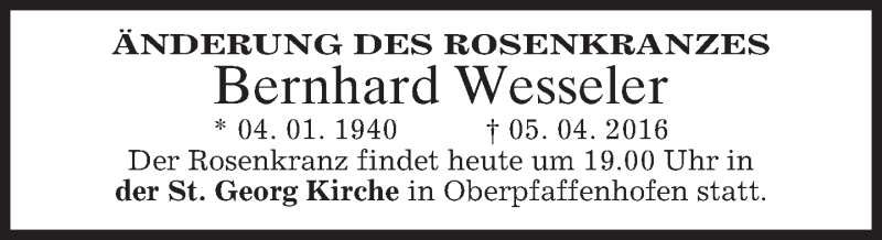  Traueranzeige für Bernhard Wesseler vom 07.04.2016 aus Münchener Merkur
