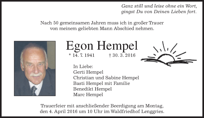  Traueranzeige für Egon Hempel vom 02.04.2016 aus merkurtz