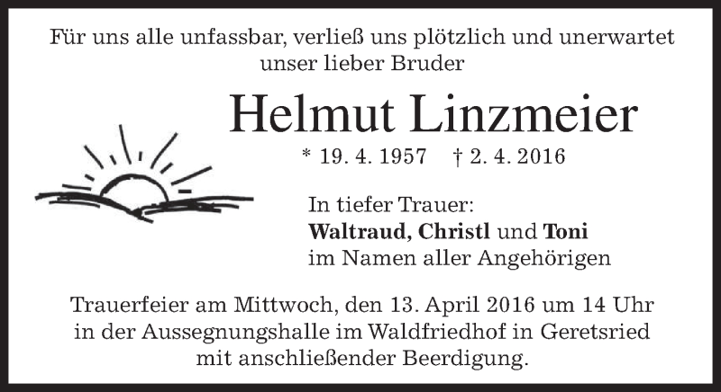  Traueranzeige für Helmut Linzmeier vom 09.04.2016 aus merkurtz