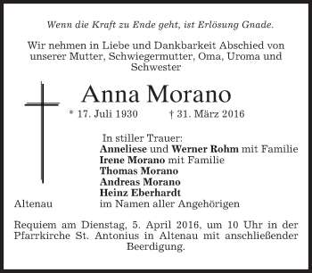 Traueranzeige von Anna Morano von merkurtz