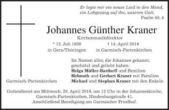 Traueranzeige von Johannes Günther Kraner von merkurtz