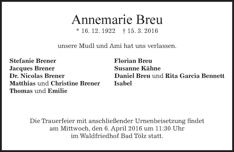  Traueranzeige für Annemarie Breu vom 02.04.2016 aus merkurtz